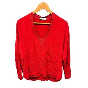 Sandro Paris V Neck Blouse Womens S Red Long Sleeve‎ Elegant Minimalist Chic Top